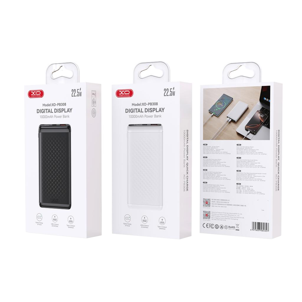 XO Design PB308 External Battery, 10000mAh, 22.5W, QC + PD, 1 x USB-A - 1 x USB-C, Black
