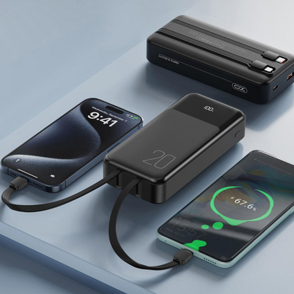 XO Design PR249 külső akkumulátor, 20000mAh, 22.5W, QC + PD, 1 x Lightning - 1 x USB-A - 2 x USB-C, Fekete