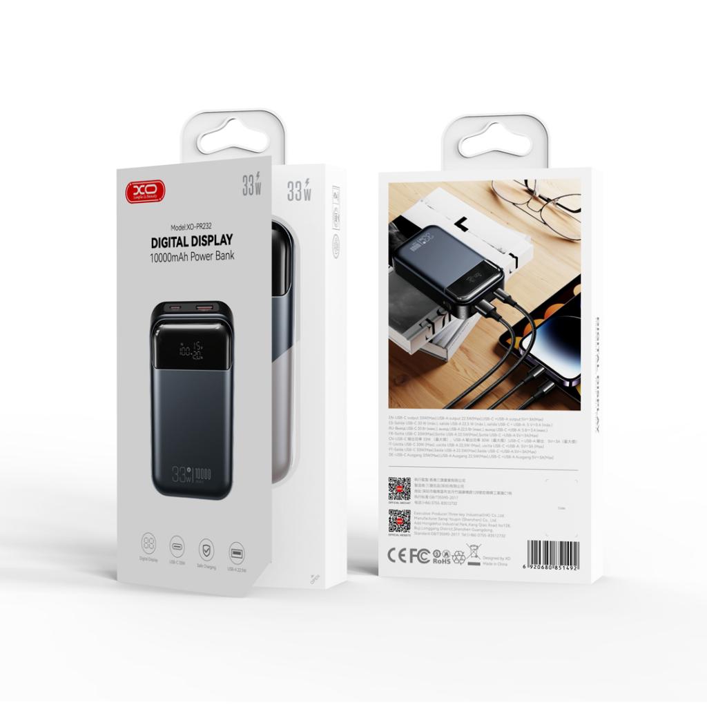 XO Design PR232 külső akkumulátor, 10000mAh, 33W, QC + PD, 1 x USB-A - 1 x USB-C, Fekete