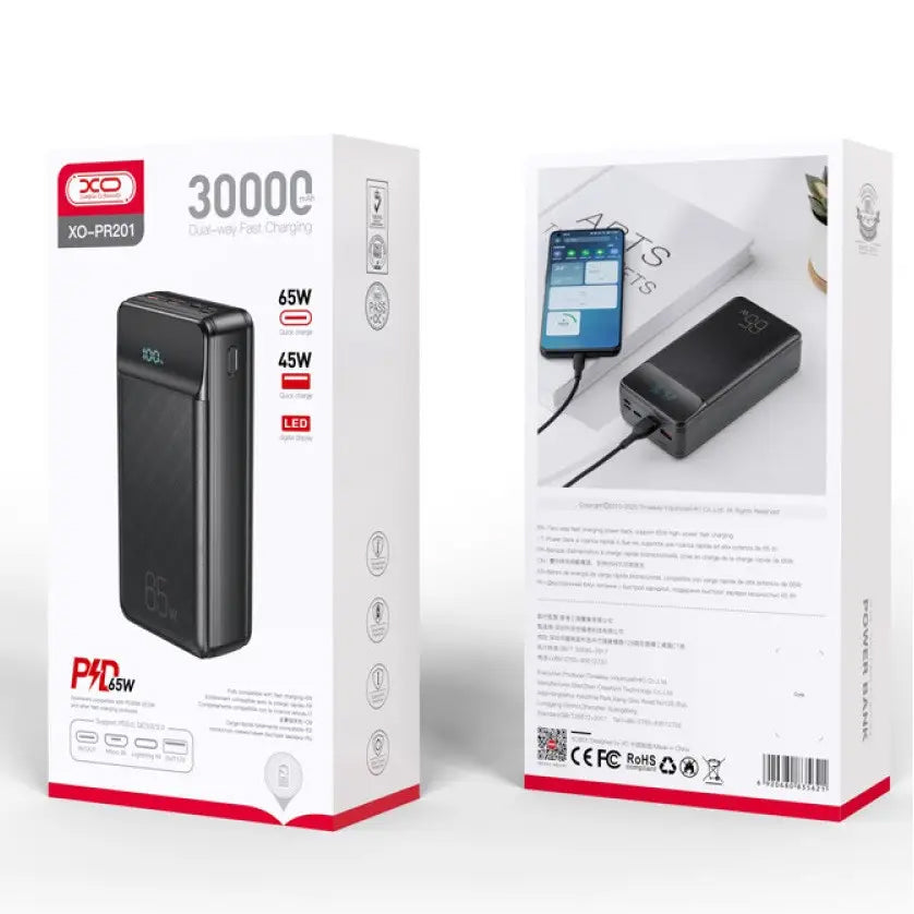 XO Design PR201 külső akkumulátor, 30000mAh, 65W, QC + PD, 1 x USB-C - 2 x USB-A, Fekete