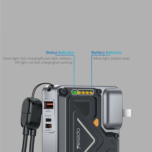 Yesido YP89 külső akkumulátor, 10000mAh, 22.5W, QC + PD + FQI, 1 x Lightning - 1 x QI - 1 x USB-A - 1 x USB-C, szürke