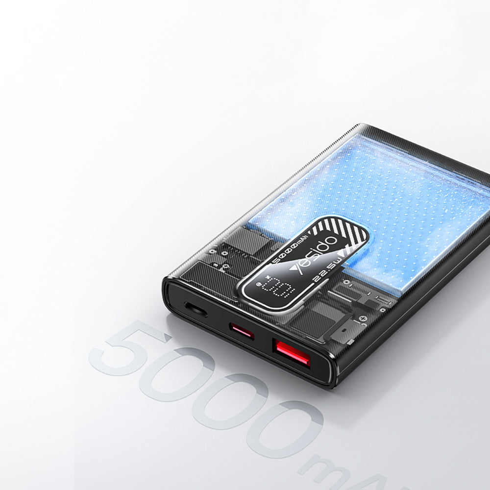 Yesido YP92 külső akkumulátor, 5000mAh, 22.5W, QC + PD, 1 x USB-A - 1 x USB-C, Fekete