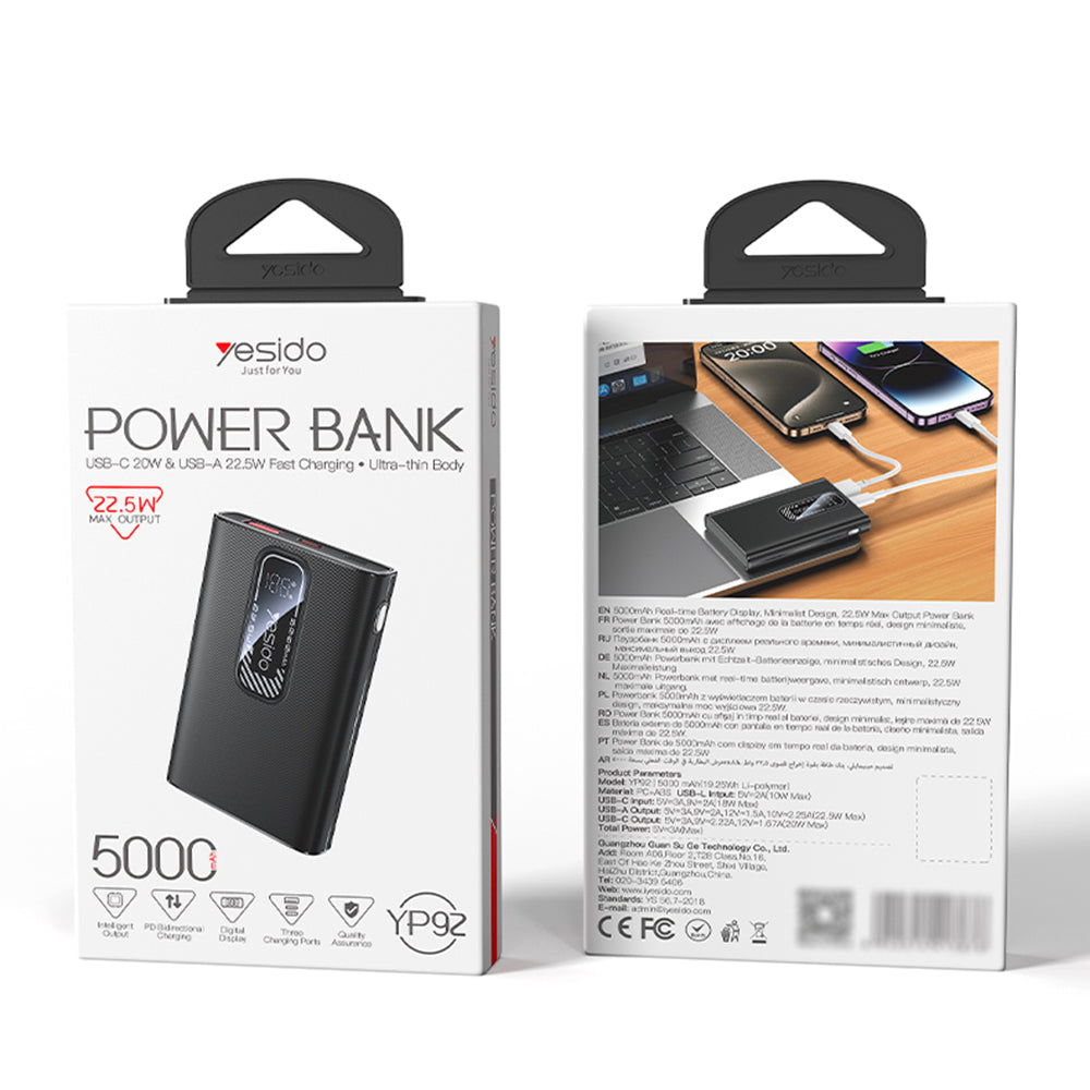 Yesido YP92 külső akkumulátor, 5000mAh, 22.5W, QC + PD, 1 x USB-A - 1 x USB-C, Fekete