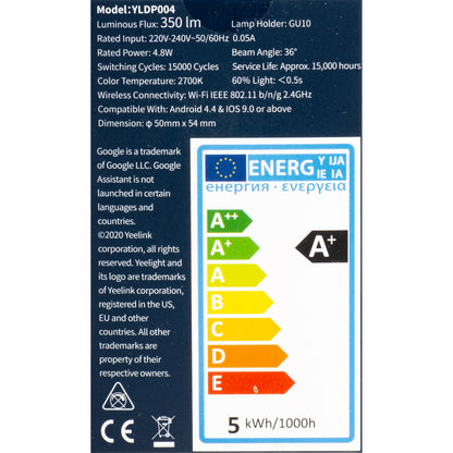 Yeelight W1 LED izzó, Wi-Fi, GU10, 4.8W, 2700K, 350lm YLDP004