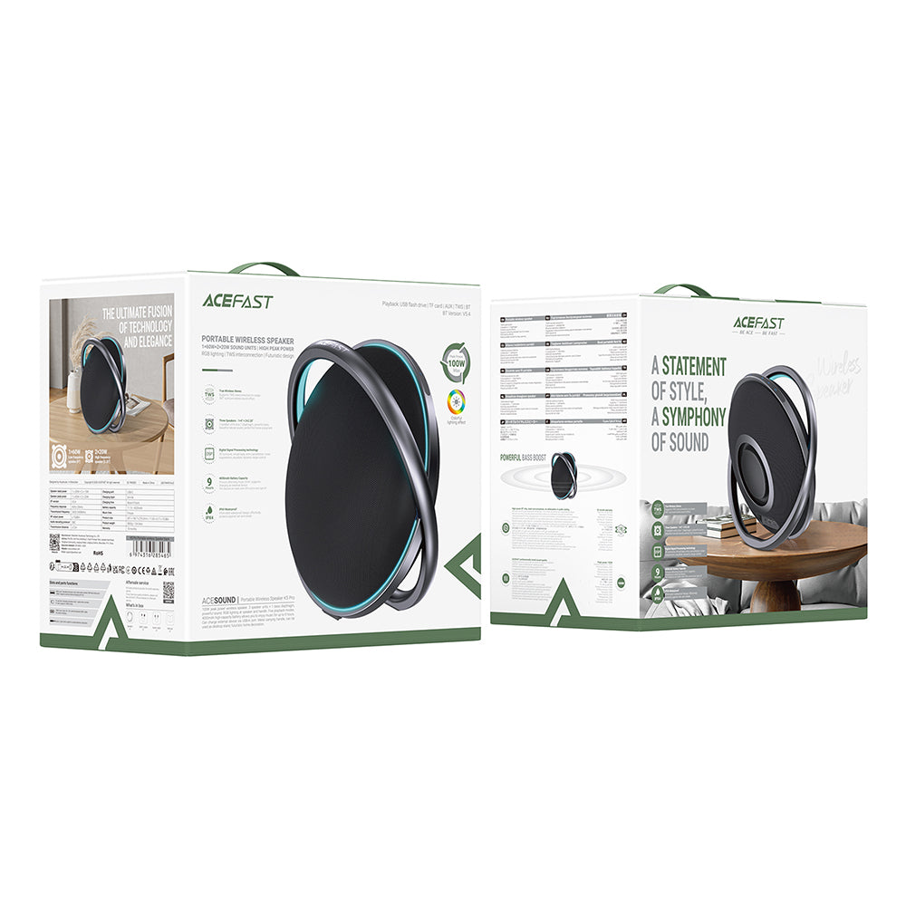 Acefast K5 Pro Bluetooth hangszóró, 100W, RGB, vízálló, fekete