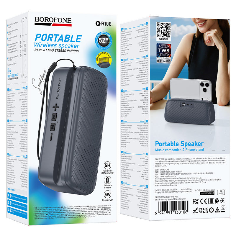 Borofone BR108 Serenjoy hordozható Bluetooth hangszóró, 5 W, TWS, szürke
