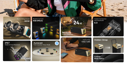 Bugani Brief TT hordozható Bluetooth hangszóró, 60W, RGB, vízálló, fekete-arany