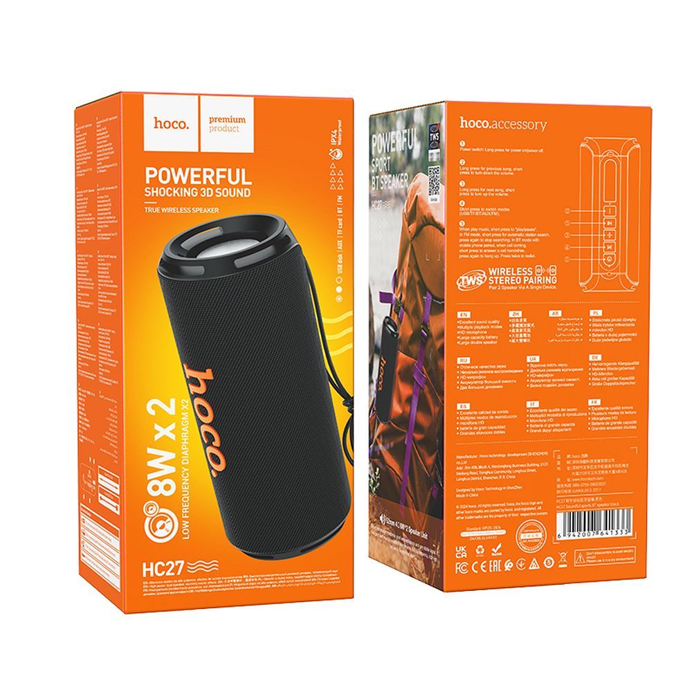 Hordozható Bluetooth Hangszóró HOCO HC27, 2 x 8W, Fekete