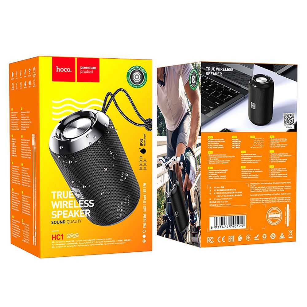 HOCO HC1 hordozható Bluetooth hangszóró, 5W, TWS, vízálló, fekete