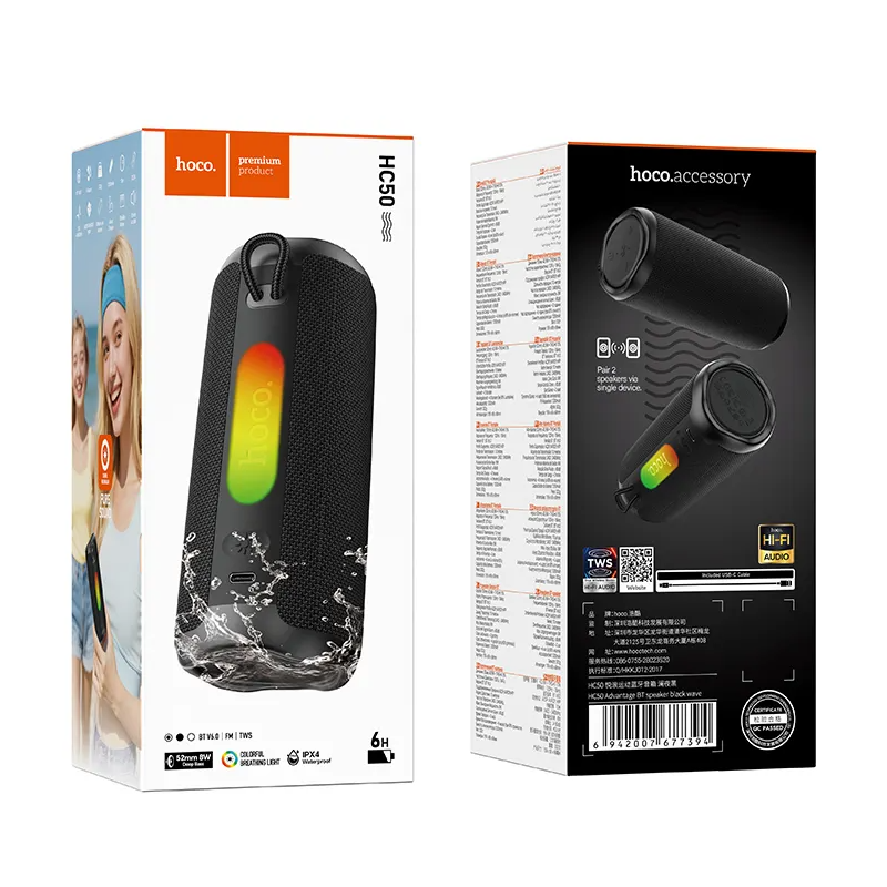 HOCO HC50 Bluetooth hordozható hangszóró, 8W, TWS, RGB, vízálló, fekete