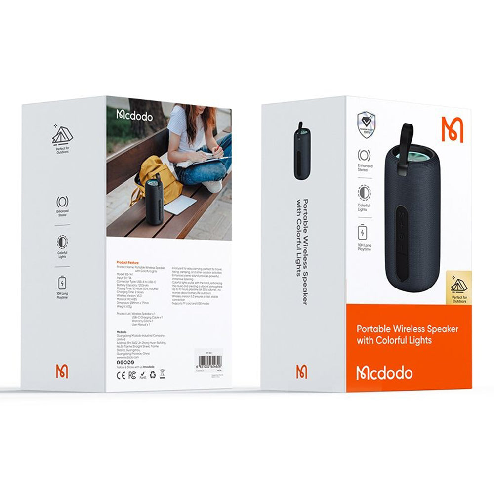 McDodo BS-1410 hordozható Bluetooth hangszóró, 2 x 5W, RGB, vízálló, fekete