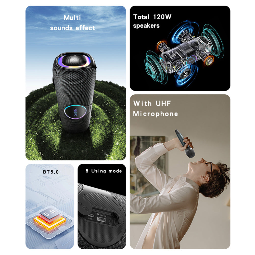 Yesido YSW21 Karaoke Bluetooth hangszóró, 120W, RGB, vízálló, fekete