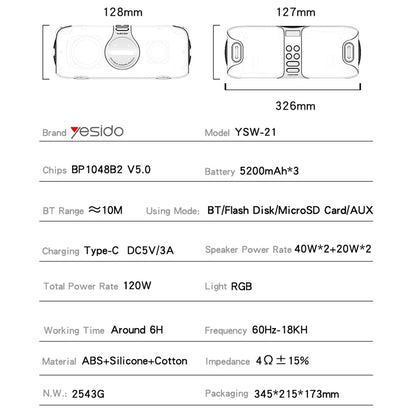 Yesido YSW21 Karaoke Bluetooth hangszóró, 120W, RGB, vízálló, fekete