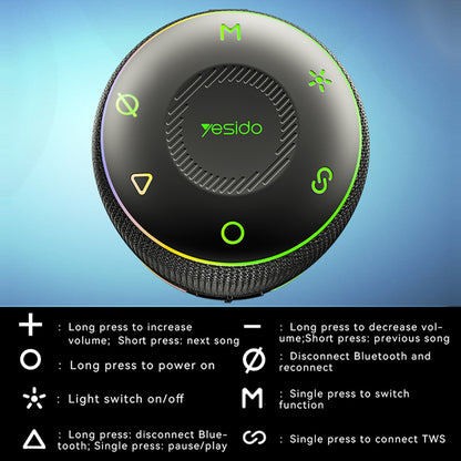 Hordozható Bluetooth Hangszóró Yesido YSW22, 30W, RGB, Vízálló, Fekete