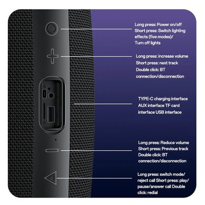 Hordozható Bluetooth Hangszóró Yesido YSW38, 30W, TWS, RGB, Fekete