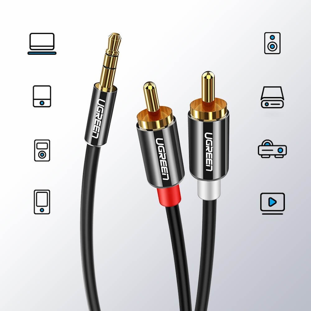 Audio kábel 3.5mm - 2 x RCA UGREEN AV116, 5m, Fekete