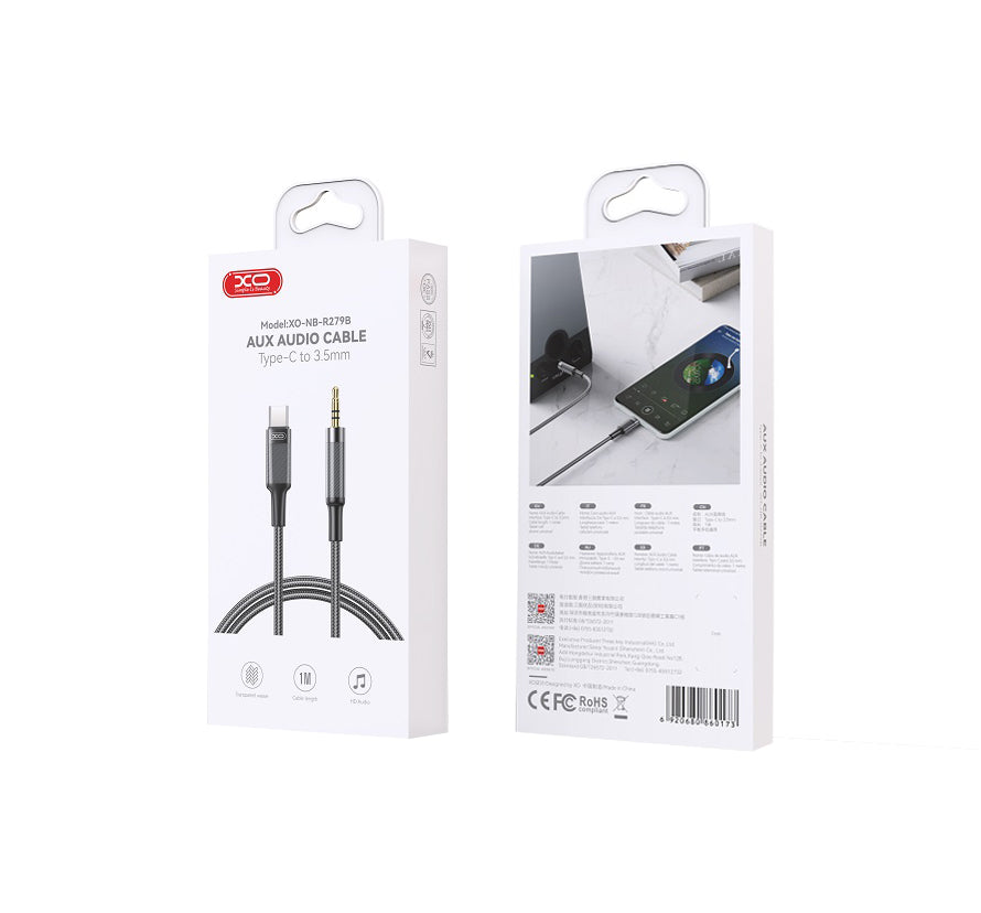 USB-C - 3,5 mm-es XO Design NB-R279B audio kábel, 1m, Fekete