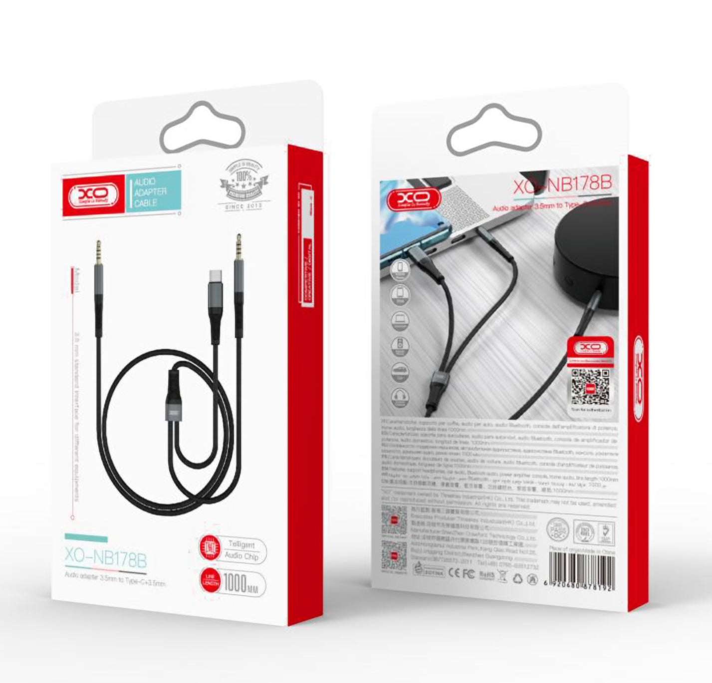 USB-C / 3,5 mm - 3,5 mm XO Design NB178B audio kábel, 1m, fekete