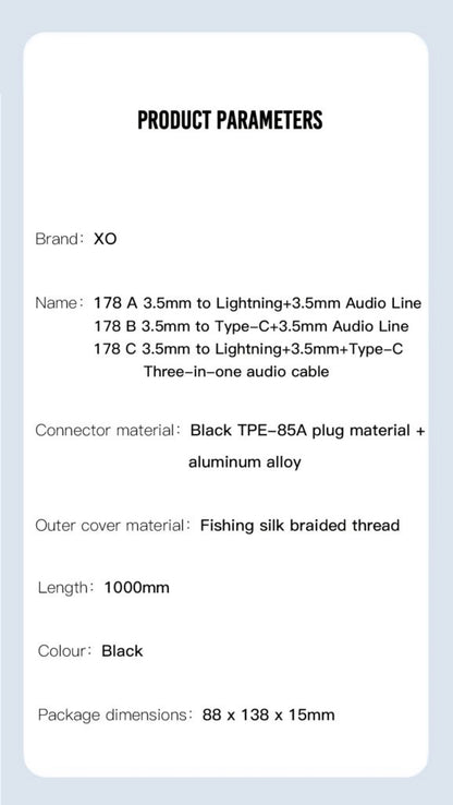 USB-C / 3,5 mm - 3,5 mm XO Design NB178B audio kábel, 1m, fekete