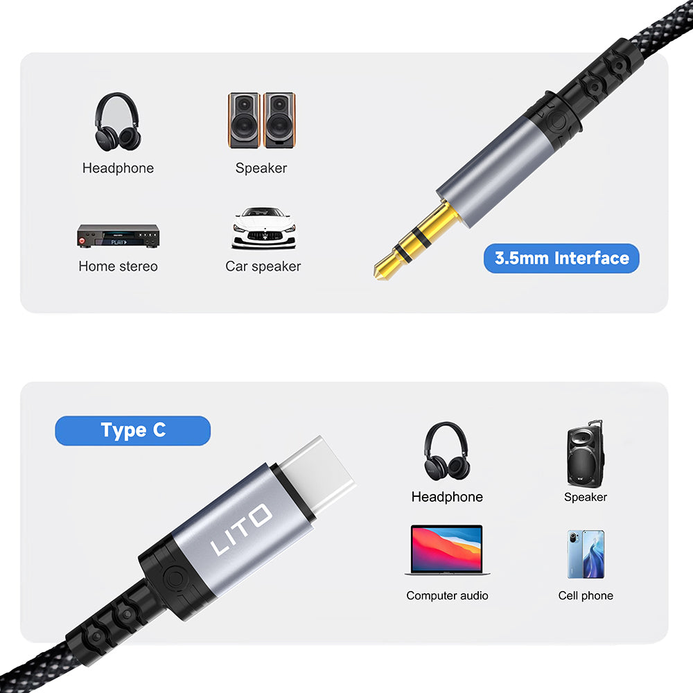 USB-C - 3.5mm Lito LA01T audio kábel, 1m, Fekete