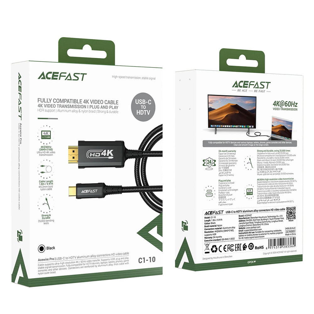 USB-C - HDMI Acefast C1-10 audio és videó kábel, 1.8m, fekete