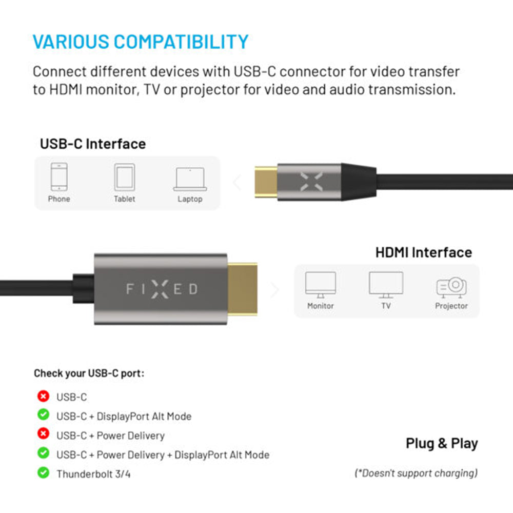 USB-C - HDMI fix audio és videó kábel, 2m, szürke