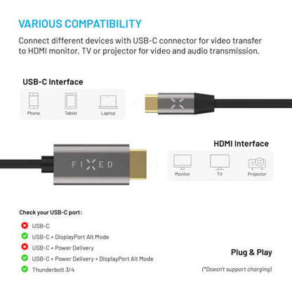 USB-C - HDMI fix audio és videó kábel, 2m, szürke