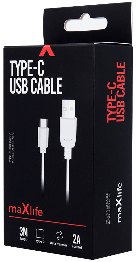 MaXlife USB-A - USB-C adat- és töltőkábel, 20W, 3m, fehér