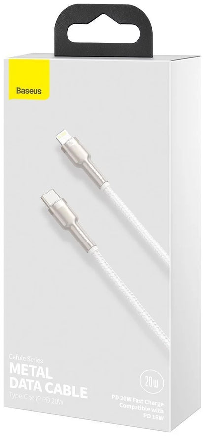 USB-C - Lightning Baseus Cafule Metal Series adat- és töltőkábel, 20W, 2m, Fehér CATLJK-B02