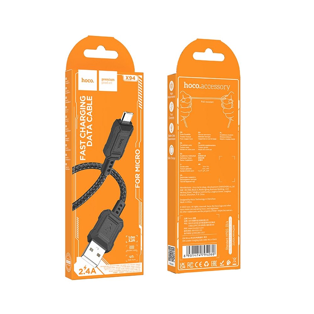 USB-A - microUSB adat- és töltőkábel HOCO Leader X94, 18W, 1m, Fekete