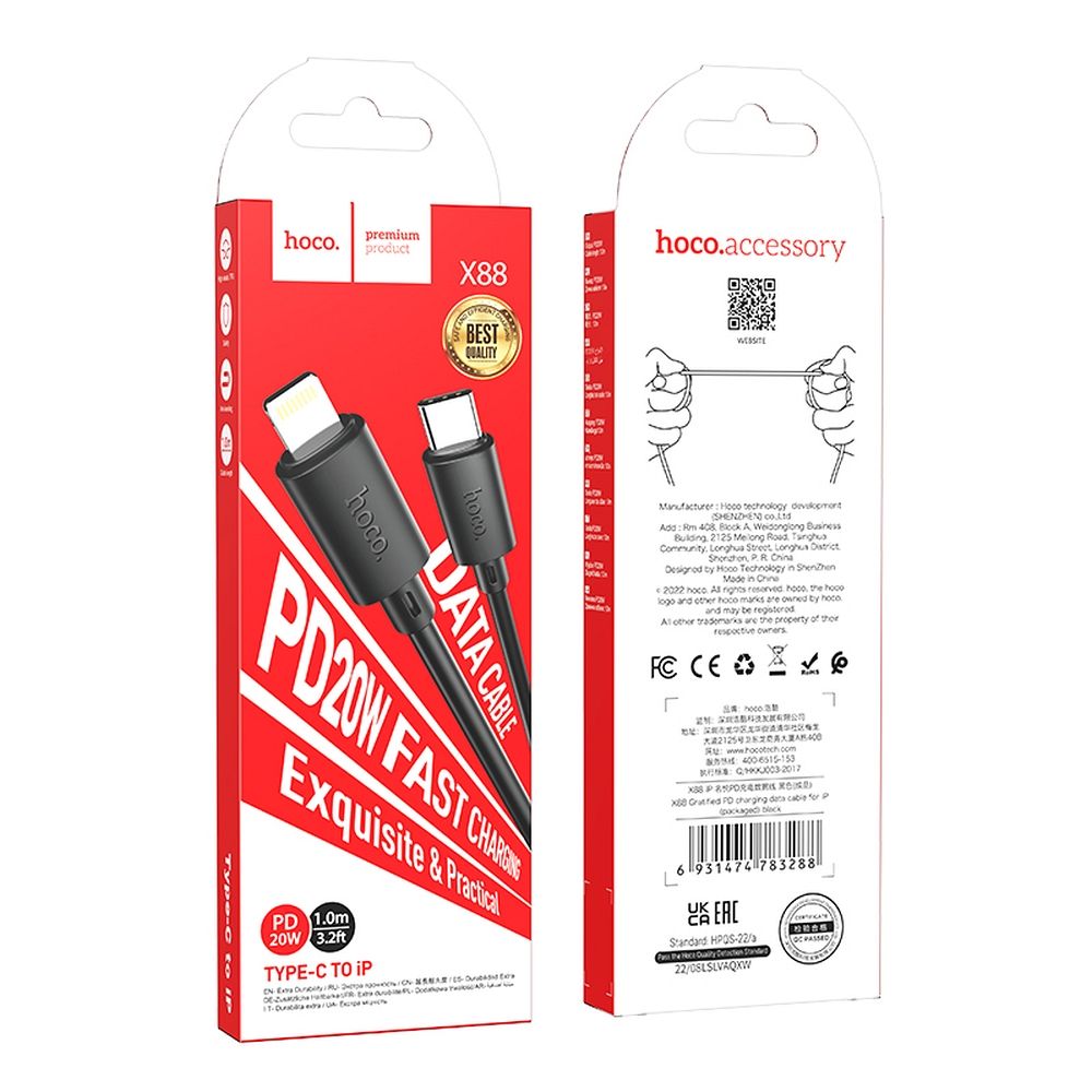 USB-C - Lightning HOCO X88 adat- és töltőkábel, 20W, 1m, Fekete