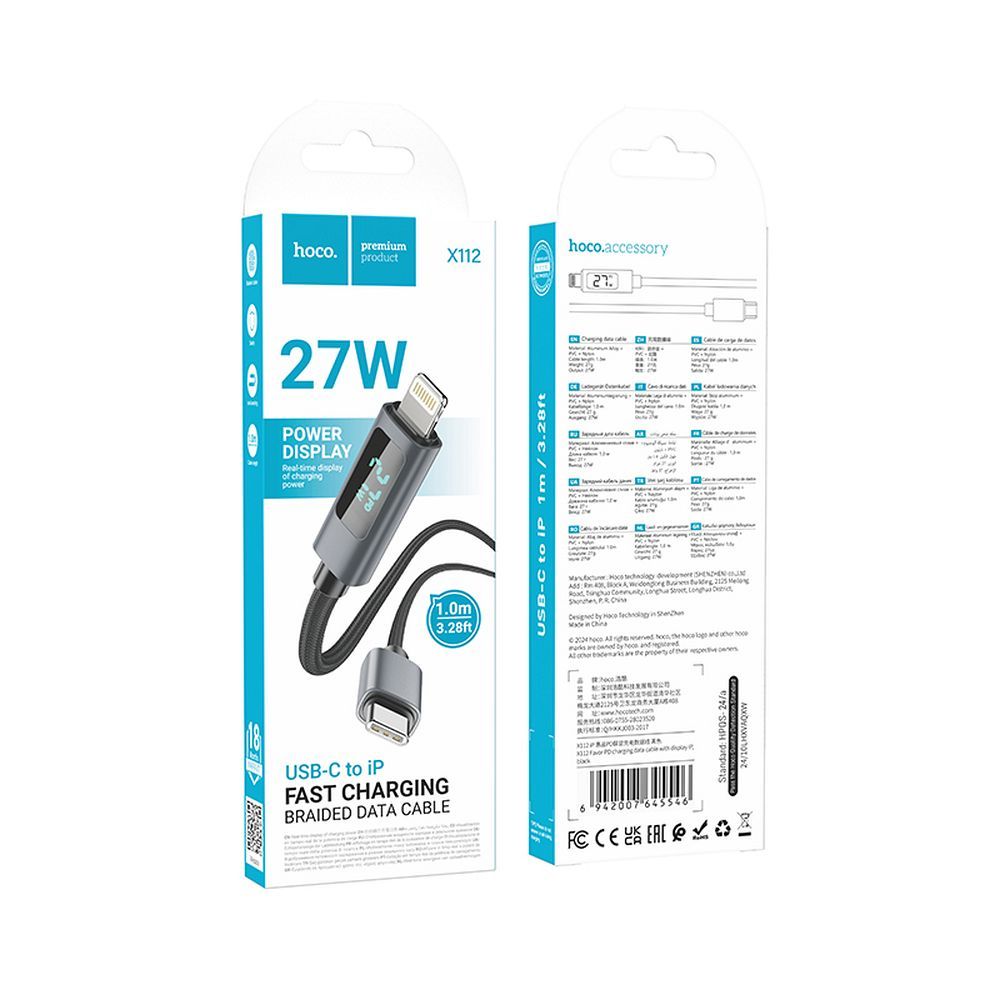 USB-C - Lightning HOCO Display X112 adat- és töltőkábel, 27W, 1m, Fekete