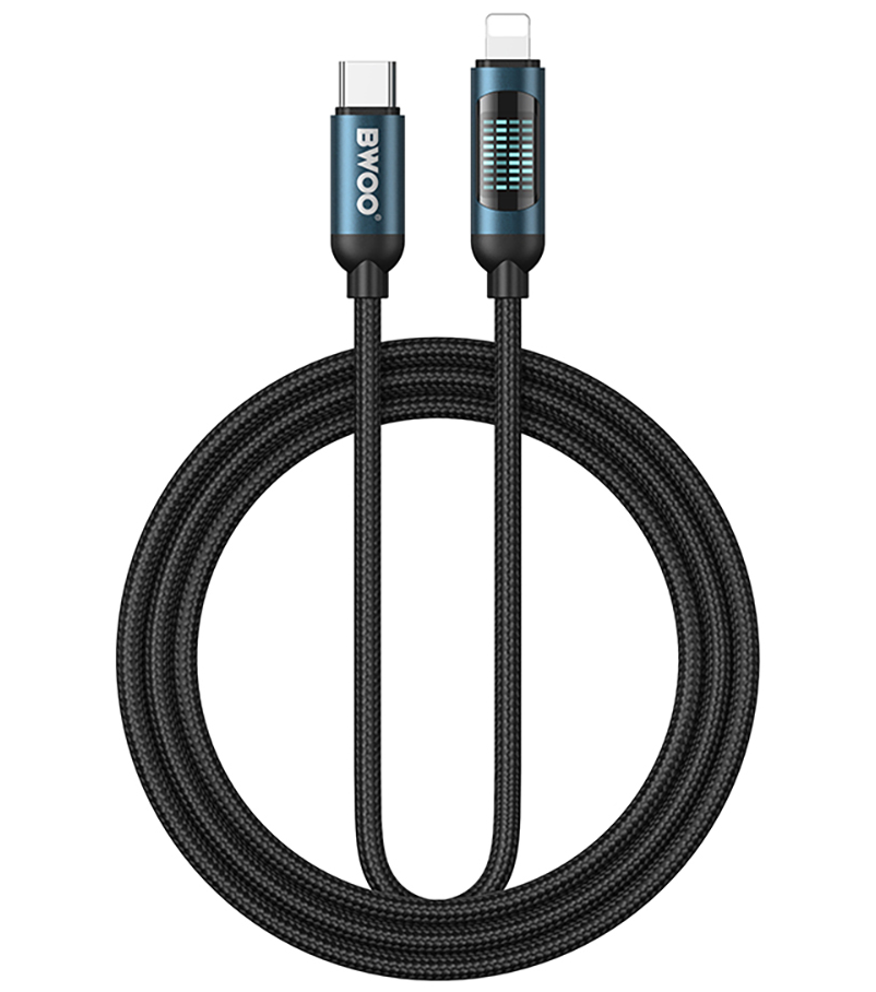 USB-C - Lightning adat- és töltőkábel BWOO X305 kijelzővel, 27W, 1m, fekete