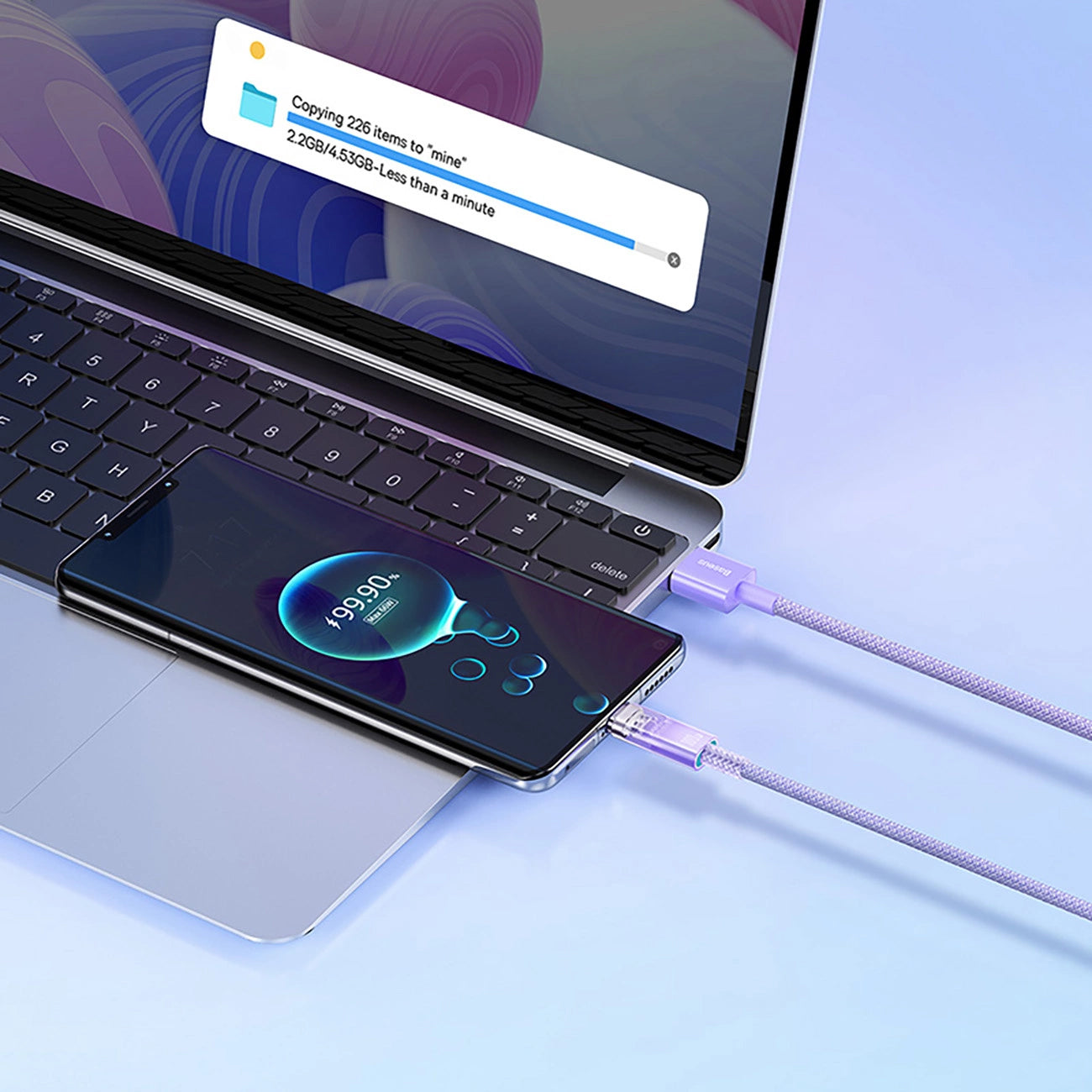 USB-A - USB-C Baseus Explorer adat- és töltőkábel, 100W, 1m, Lila CATS010405