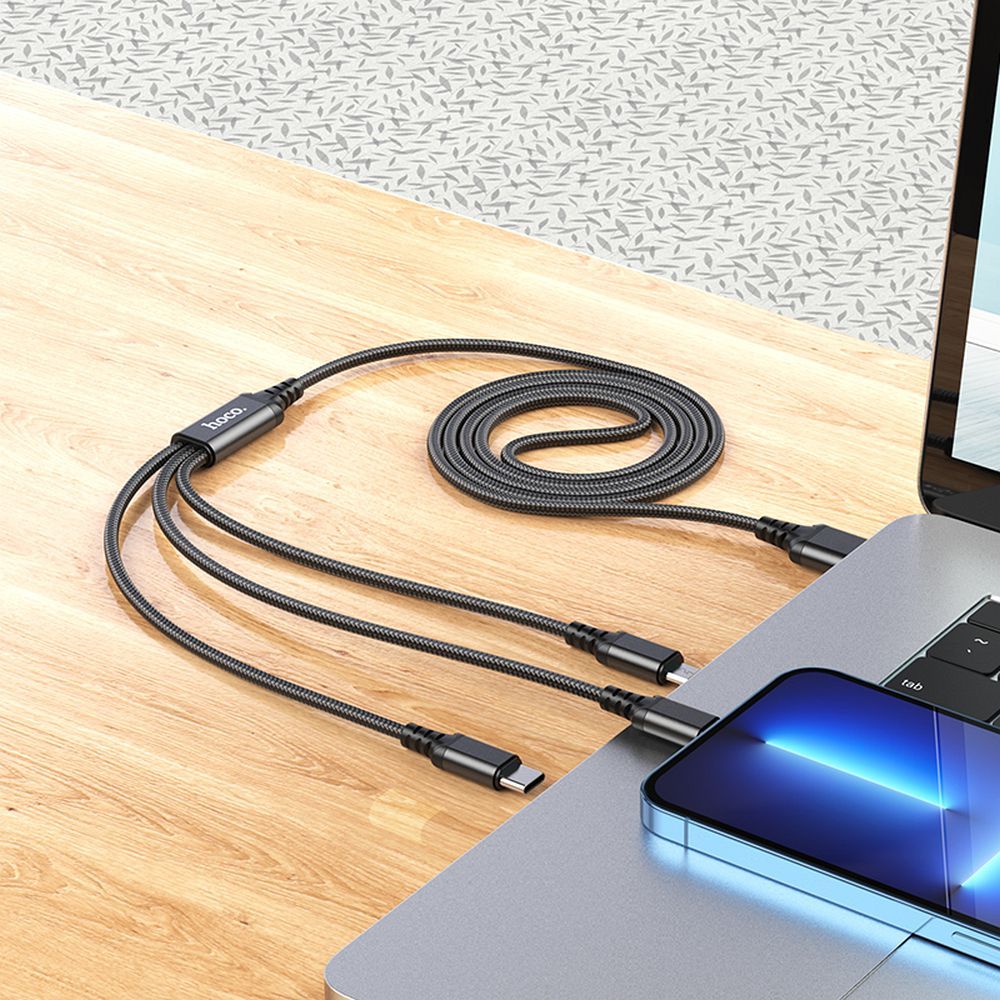 USB-A Charging Cable - Lightning / microUSB / USB-C HOCO X76 3in1, 18W, 1m, Black