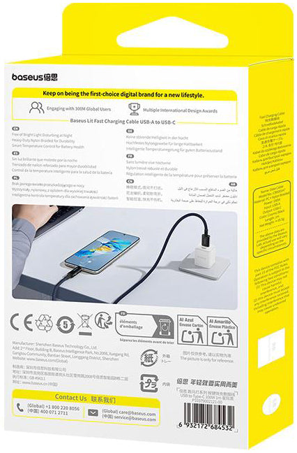 USB-A - USB-C Baseus Lit Button Control adat- és töltőkábel, 100W, 1m, Fekete P10379002121-00