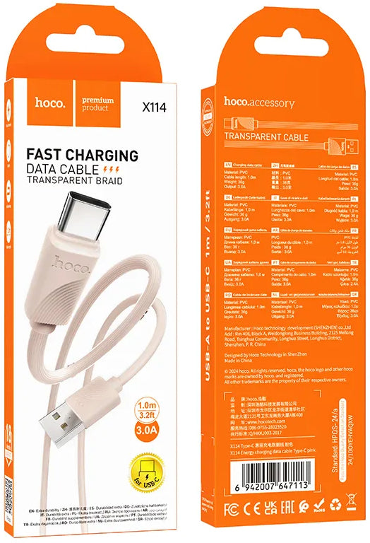 USB-A - USB-C HOCO X114 adat- és töltőkábel, 18W, 1m, Rózsaszín