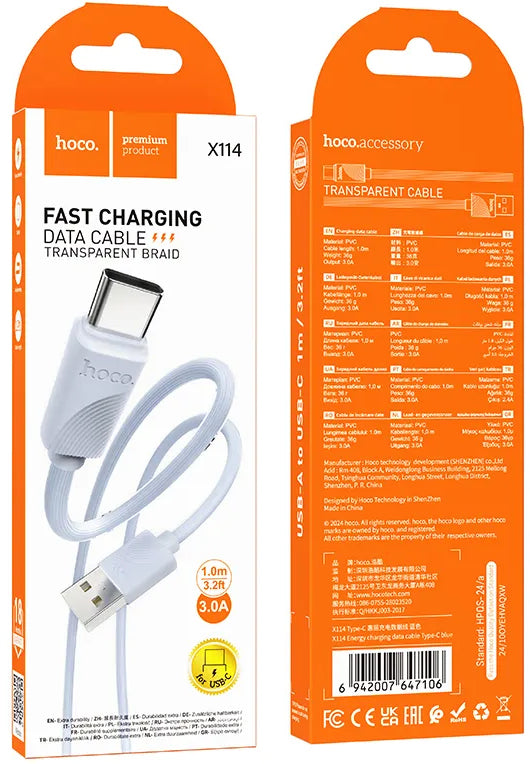 USB-A - USB-C HOCO X114 adat- és töltőkábel, 18W, 1m, Kék