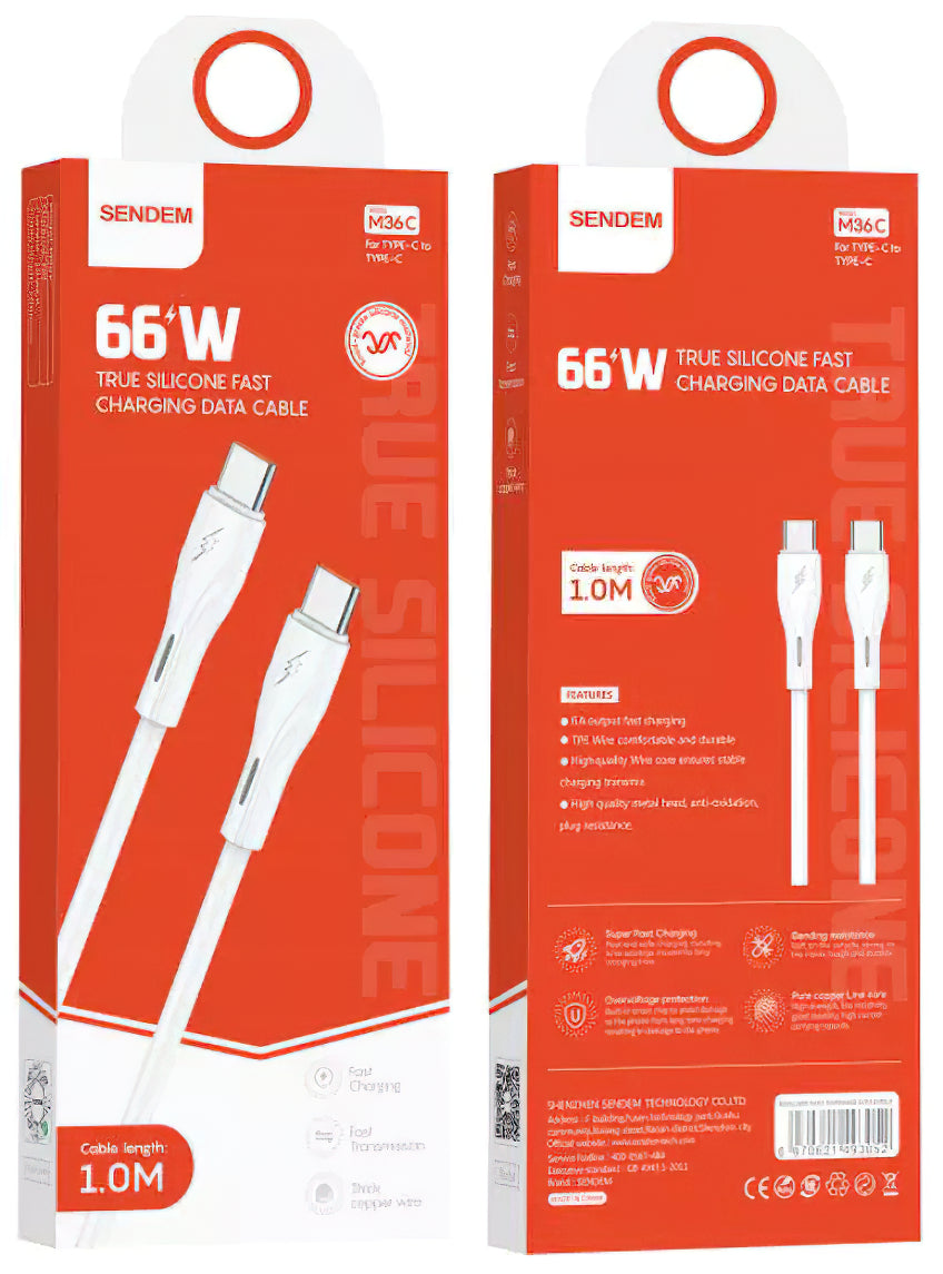 USB-C adat- és töltőkábel - USB-C Sendem M36C, 66W, 1m, fehér