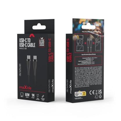 USB-C - USB-C adat- és töltőkábel MaXlife MXUC-08, 60W, 1m, Fekete