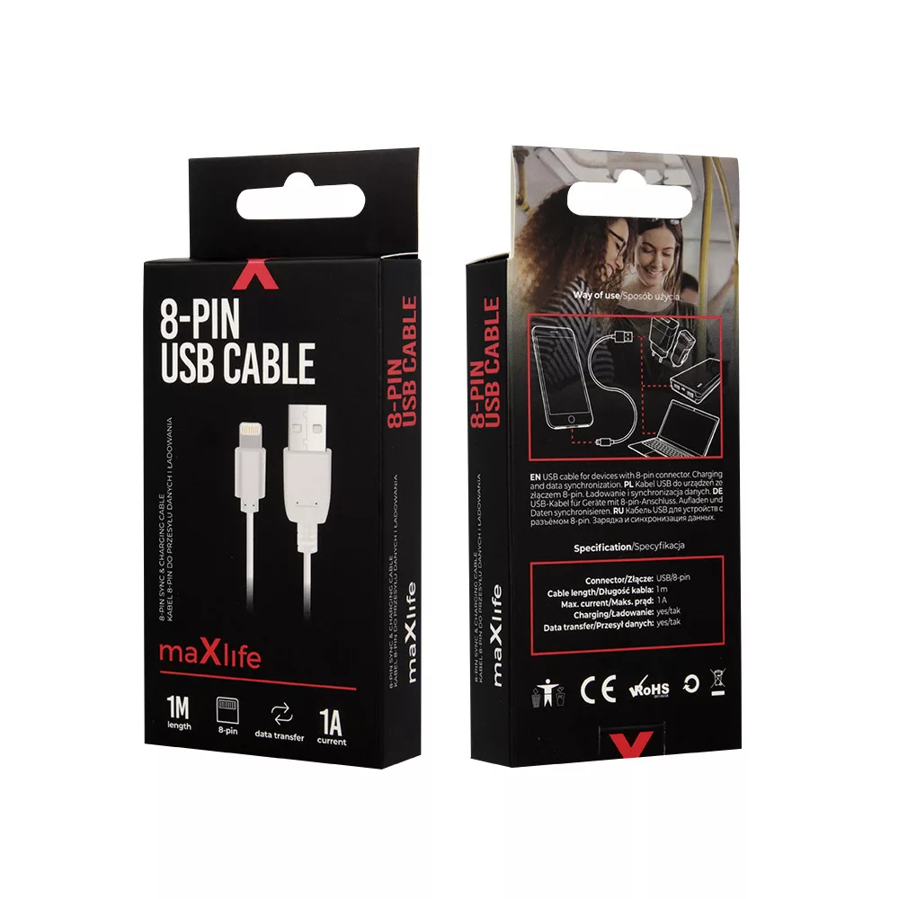 USB-A - Lightning MaXlife adat- és töltőkábel, 5W, 1m, Fehér