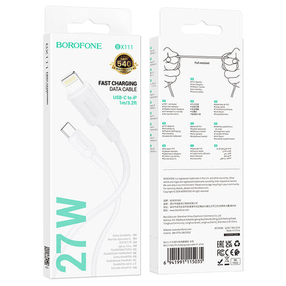 USB-C - Lightning Borofone BX111 Feliz adat- és töltőkábel, 27W, 1m, Fehér