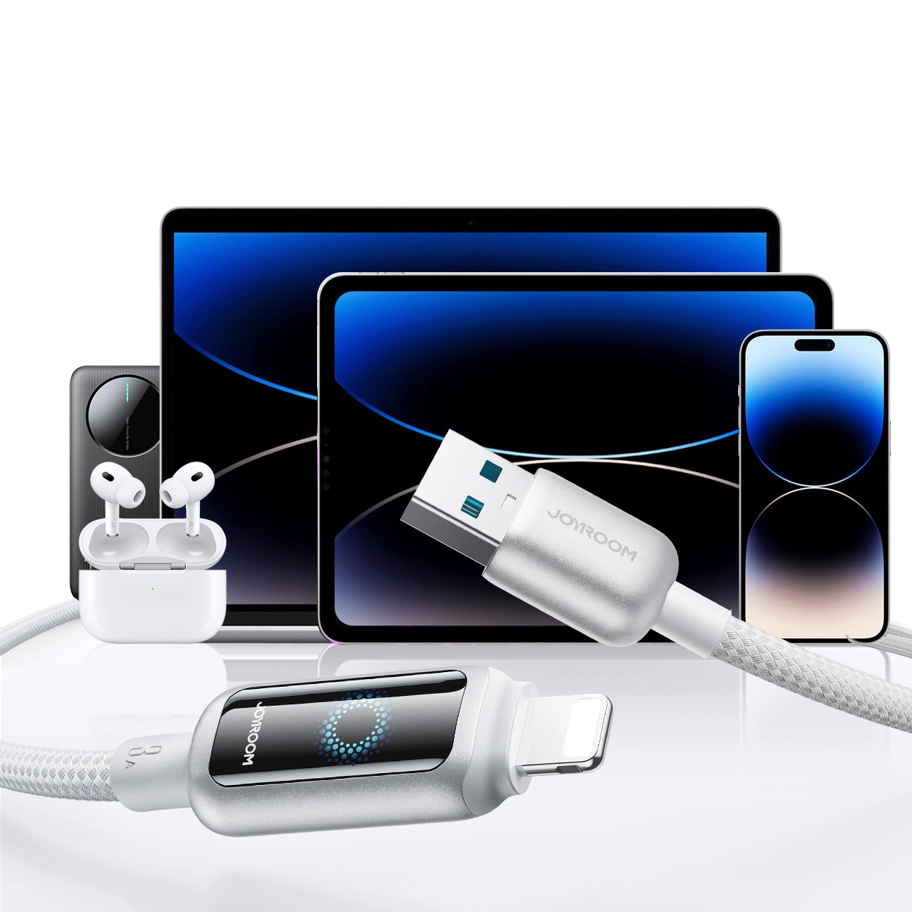 USB-A - Lightning Joyroom S-A55 StarFlight Display adat- és töltőkábel, 18W, 1.2m, Fehér
