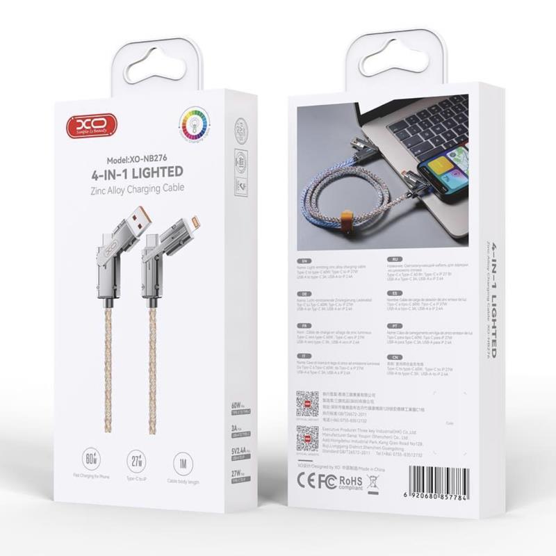 USB-C / USB-A - USB-C / Lightning XO Design NB276 adat- és töltőkábel, 60W, 1m, szürke