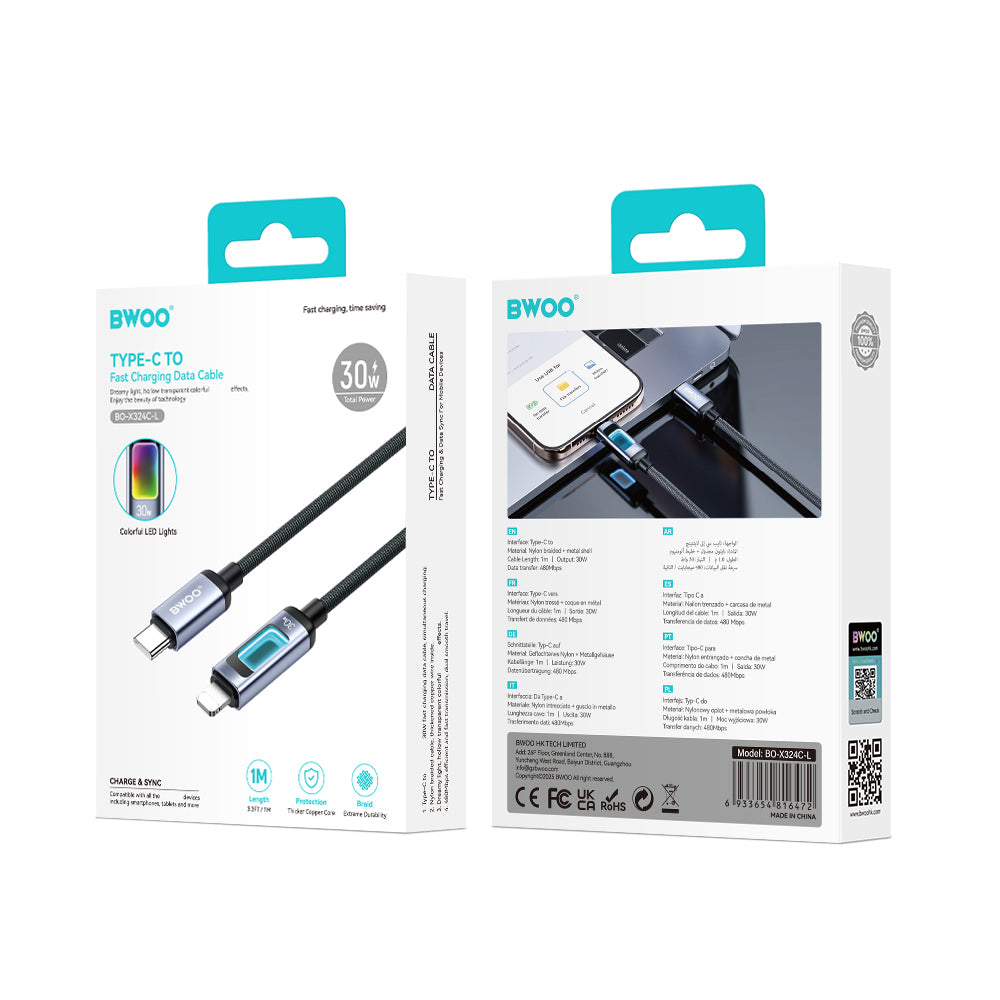 USB-C - Lightning adat- és töltőkábel BWOO X324CL kijelzővel, 30W, 1m, fekete