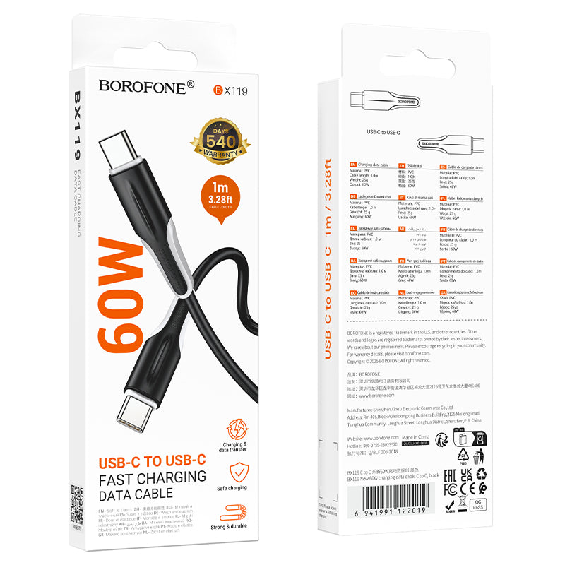USB-C adat- és töltőkábel - USB-C Borofone BX119 New, 60W, 1m, Fekete