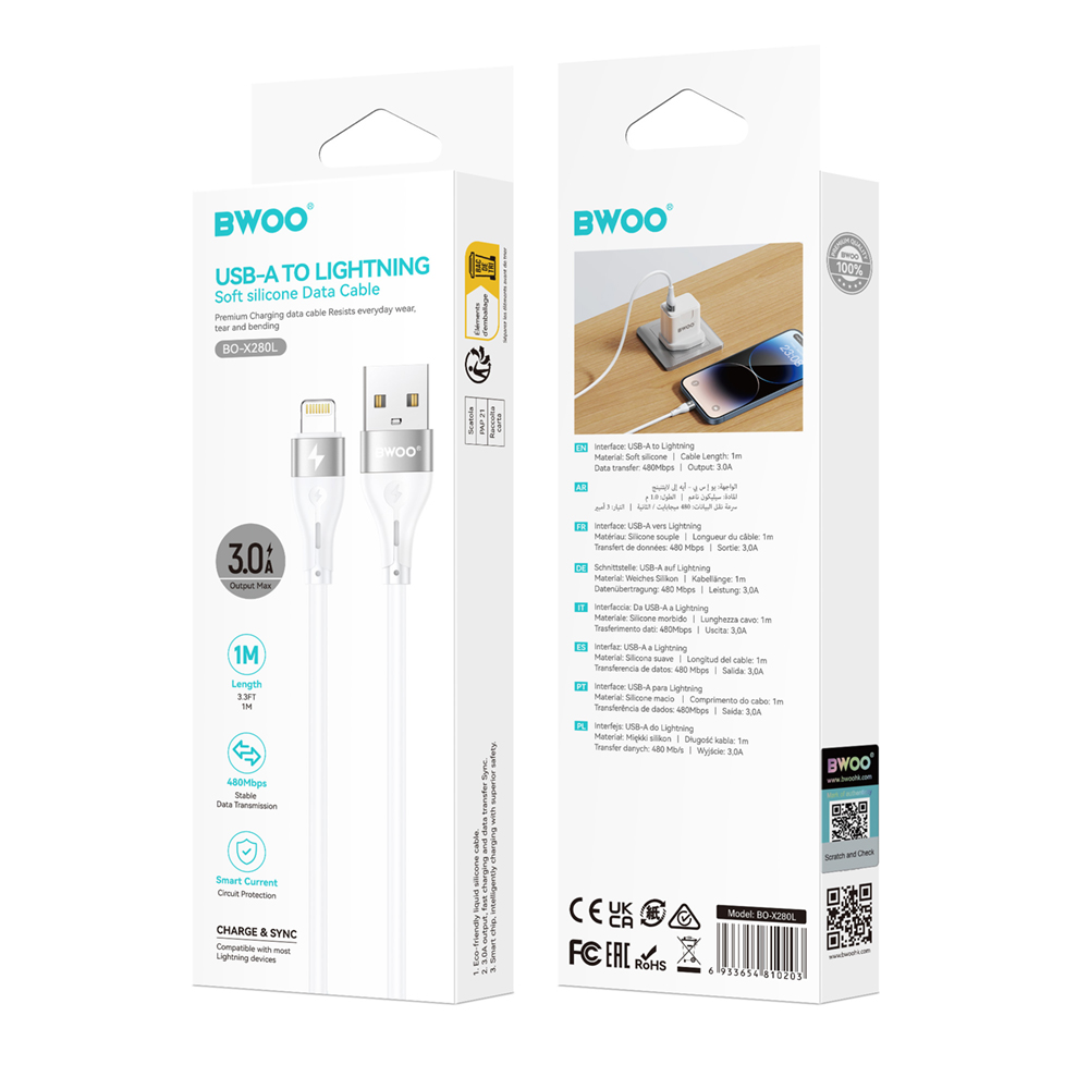 USB-A to Lightning Data and Charging Cable BWOO X280L, 15W, 1m, White