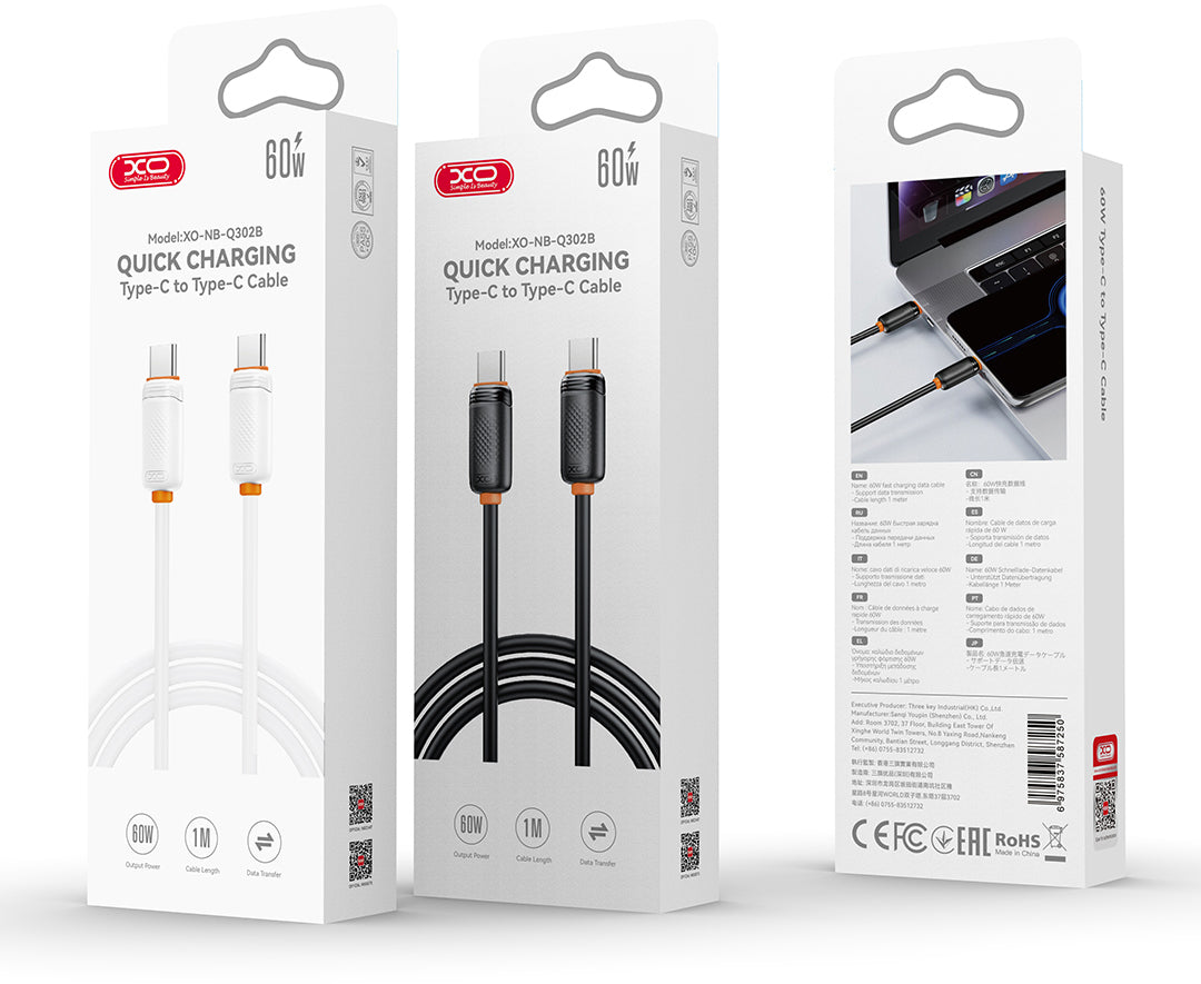 USB-C - USB-C XO Design NB-Q302B adat- és töltőkábel, 60W, 1m, fehér