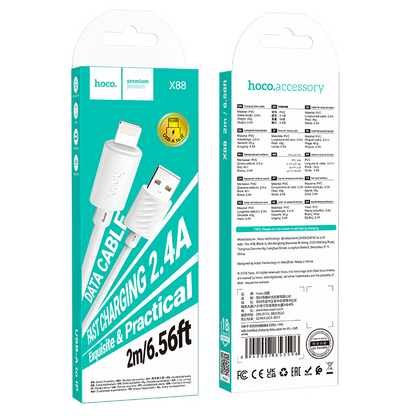 USB-A - Lightning adat- és töltőkábel HOCO X88, 18W, 2m, fehér