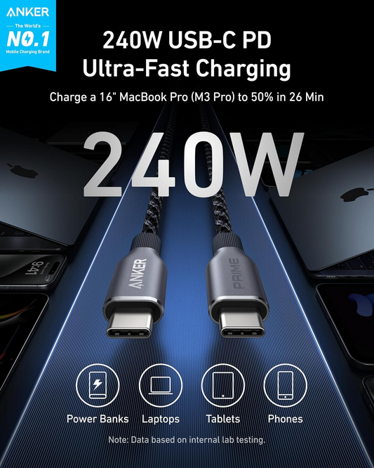 Anker Prime USB-C–USB-C adat- és töltőkábel, 240 W, 0,9 m, fekete A88E2011